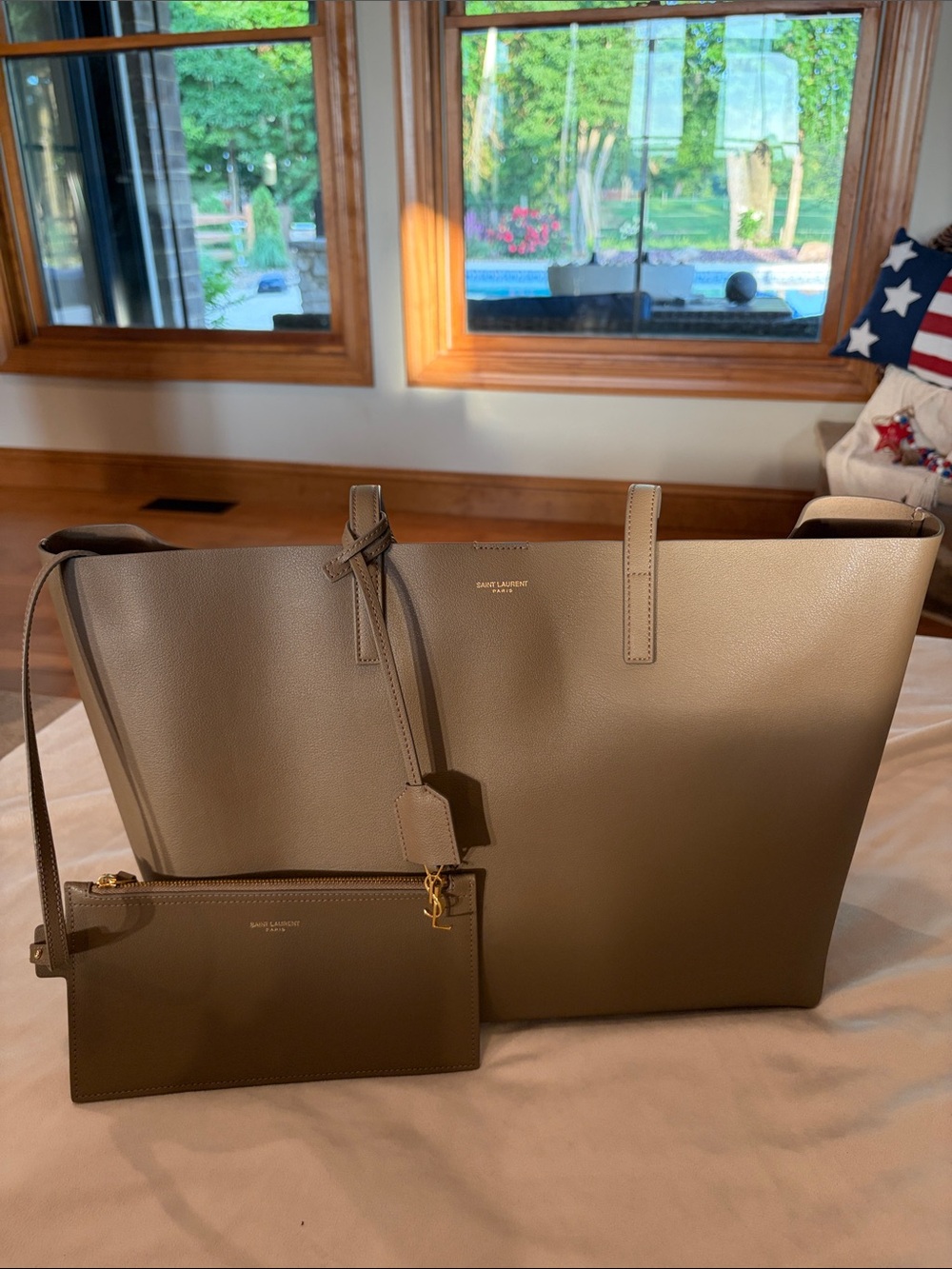 YSL Saint Laurent East West Large Taupe Tote w/ Pouch, Charm, And COA